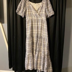 Blue and white faux wrap madewell midi dress